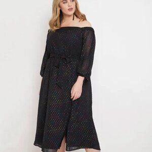 Eloquii Off Shoulder Black Metallic Dot Midi Dress 18 Party Wedding Guest